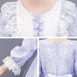 Kids Girl Lolita Purple Long Sleeve Bow Tie Floral Lace Princess Dress Cosplay Costumes