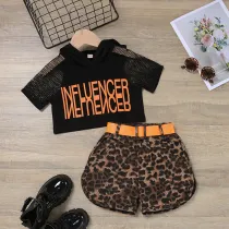 Toddler Kids Girl Two Pieces Black Hollow Out Tops and Leopard Print Shorts Set