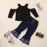 Toddler Kids Girl Two Pieces Cold-Shoulder Top and Denim Flares Set
