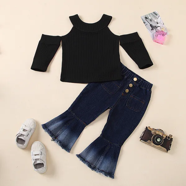 Toddler Kids Girl Two Pieces Cold-Shoulder Top and Denim Flares Set