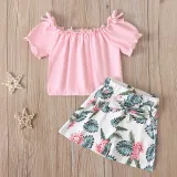 Toddler Kids Girl Two Pieces Pink Shorts Sleeve Tops and Floral Printed Skirt Set