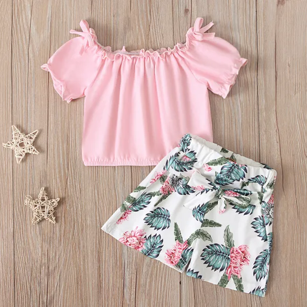 Toddler Kids Girl Two Pieces Pink Shorts Sleeve Tops and Floral Printed Skirt Set
