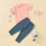 Toddler Kids Girl Two Pieces Lace Short Sleeve Top and Denim Pants Set