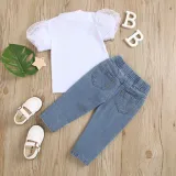 Toddler Kids Girl Two Pieces Lace Short Sleeve Top and Denim Pants Set