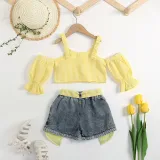 Toddler Kids Girl Two Pieces Cold-Shoulder Sling Top and Denim Shorts Set