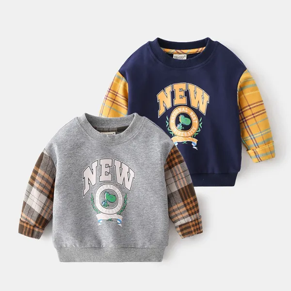 Toddler Boys Long Sleeve Cartoon Stitching Lattice Dinosaur SweatShirt