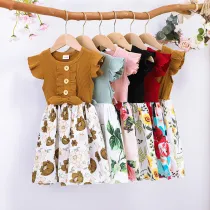 Toddler Kids Girl Flying Sleeve Splicing Floral Printed Dress