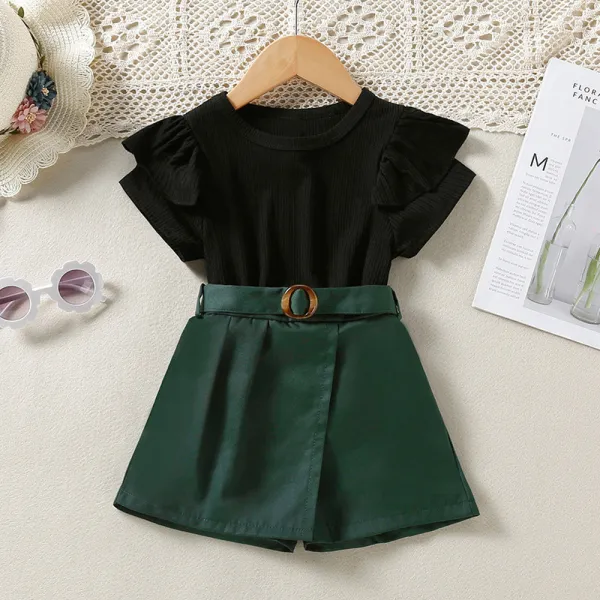 Toddler Kids Girl Two Pieces Lace Sleeve and Shorts with Belt Set