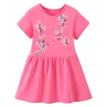 Toddler Kids Girl Rose Red Short Sleeve Flower Printed Short Dress