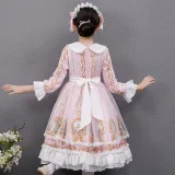 Kids Girl Lolita Pink Long Sleeve Lace Princess Dress Cosplay Costumes with Headdress