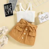 Toddler Kids Girl Two Pieces Sling Kintting Tank and Bow Tie Skirt Set