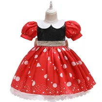 Toddler Kids Girl Red Polka Dots Puff Sleeve Short Gowns Dress Cosplay Costumes