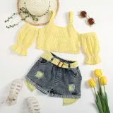 Toddler Kids Girl Two Pieces Cold-Shoulder Sling Top and Denim Shorts Set