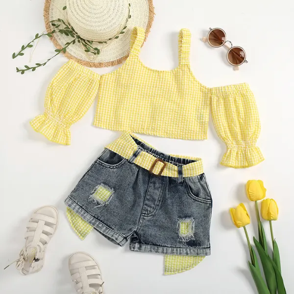 Toddler Kids Girl Two Pieces Cold-Shoulder Sling Top and Denim Shorts Set