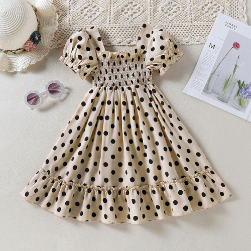 Toddler Kids Girl Puff Sleeve Polka Dots Smocked A-Line Dress