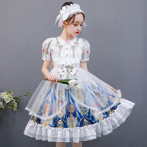 Kids Girl Lolita White Short Sleeve Bow Tie Lace Mesh Princess Dress Cosplay Costumes