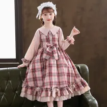 Kids Girl Lolita Pink Long Sleeve Bow Tie Princess A-Line Lattice Dress