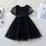 Toddler Kids Girl Short Puff Sleeve Splicing Mesh Dress