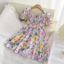 Toddler Kids Girl Short Sleeve Floral Printed Smocked A Line Short Dress