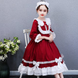 Kids Girl Lolita Long Sleeve Bow Tie Lace Princess Dress Cosplay Costumes