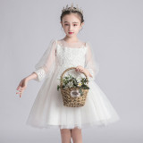 Toddler Kids Girl White Mesh Long Sleeve Embroidery Lace Short Dress