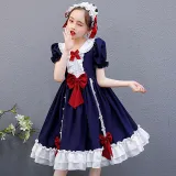 Kids Girl Lolita Royal Blue Short Sleeve Bow Tie Lace Princess Dress Cosplay Costumes