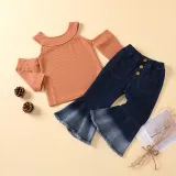 Toddler Kids Girl Two Pieces Cold-Shoulder Top and Denim Flares Set