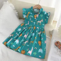 Toddler Kids Girl Flying Sleeve Cartoon Animals Pattern Short Dress