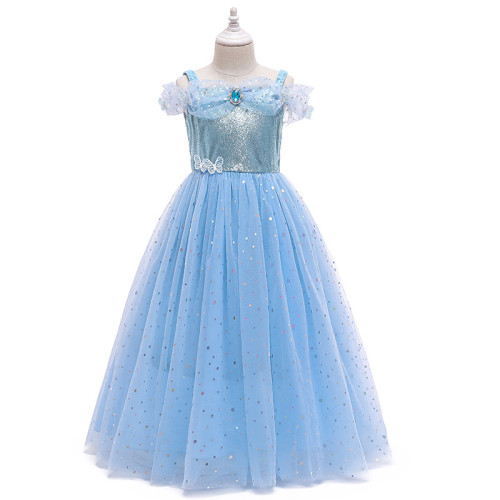 Toddler Kids Blue Girl Flying Sleeve Sling Mesh Maxi Princess Dress
