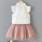 Toddler Kids Girl Two Pieces Lace Flying Sleeve Bow Tie Top and Mesh Skirt Set