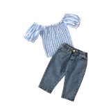Toddler Kids Girl Two Pieces Off The Shoulder Blue Stripe Top and Denim Pants Set
