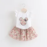 Toddler Kids Girl Two Pieces Flying Sleeve Top and Floral Printed Skirt Set