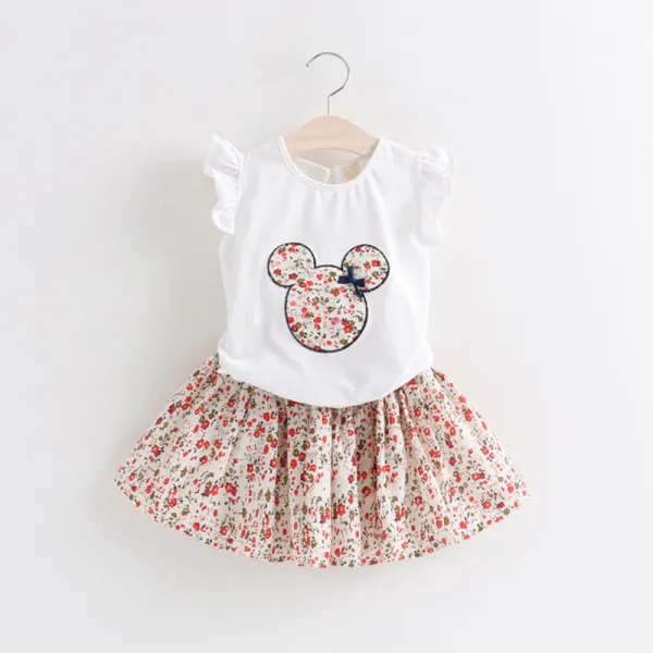 Toddler Kids Girl Two Pieces Flying Sleeve Top and Floral Printed Skirt Set