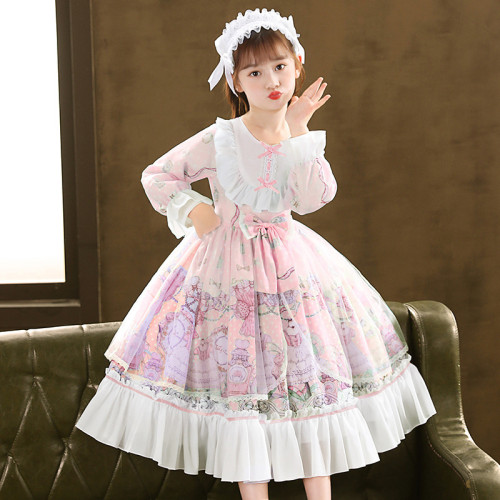 Kids Girl Lolita Long Sleeve Lace Bow Tie Princess Tutu Dress Cosplay Costumes
