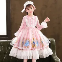 Kids Girl Lolita Pink Short Sleeve Bow Tie Lace Princess Dress Cosplay Costumes