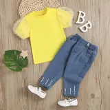 Toddler Kids Girl Two Pieces Lace Short Sleeve Top and Denim Pants Set