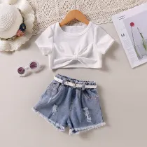 Toddler Kids Girl Two Pieces Short Sleeve Top and Denim Shorts Set