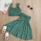 Toddler Kids Girl Two Pieces Smocked Sling Top and A-Line Polka Dots Dress Set