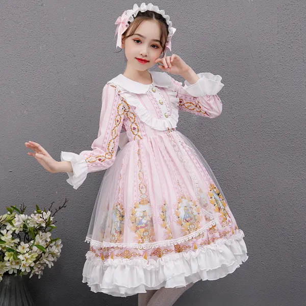 Kids Girl Lolita Pink Long Sleeve Lace Princess Dress Cosplay Costumes with Headdress