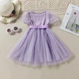 Toddler Kids Girl Short Puff Sleeve Splicing Mesh Dress