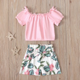 Toddler Kids Girl Two Pieces Pink Shorts Sleeve Tops and Floral Printed Skirt Set