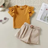 Toddler Kids Girl Two Pieces Lace Sleeve and Shorts with Belt Set
