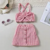 Toddler Kids Girl Two Pieces Lattice Cross Strap Top and A-Line Skirt Set