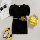 Toddler Kids Girl Short Sleeve with Leopard Print Belt Knitting Short Dress