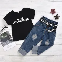 Toddler Kids Girl Two Pieces Black Short Sleeve Top and Denim Pants Set