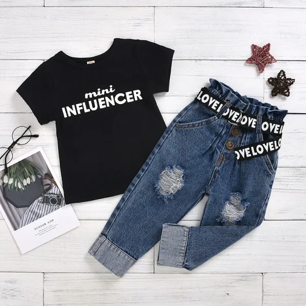 Toddler Kids Girl Two Pieces Black Short Sleeve Top and Denim Pants Set