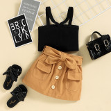 Toddler Kids Girl Two Pieces Sling Kintting Tank and Bow Tie Skirt Set