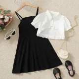 Toddler Kids Girl Two Pieces White Coat and Sling Sleeve Dress Set