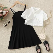 Toddler Kids Girl Two Pieces White Coat and Sling Sleeve Dress Set