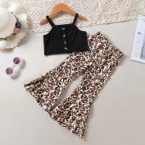 Toddler Kids Girl Two Pieces Black Sling Tank Leopard Print Flares Set